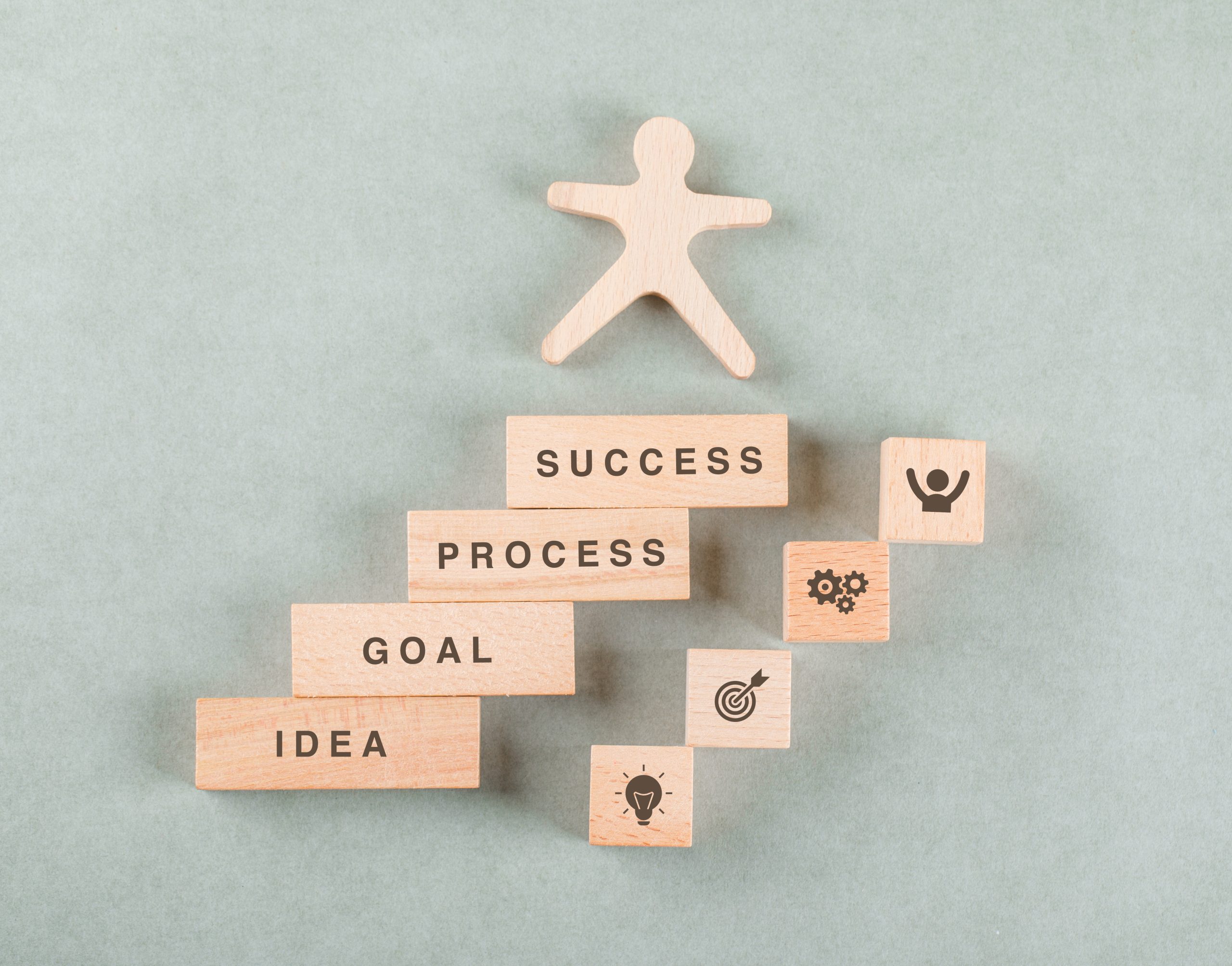 Conceptual of success business with wooden human, rectangle blocks on sage color background flat lay. free space for your text horizontal image